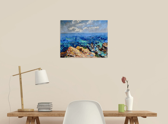 Secret Bathing - Crimea life, 47*37cm, impressionistic oil sea landscape painting