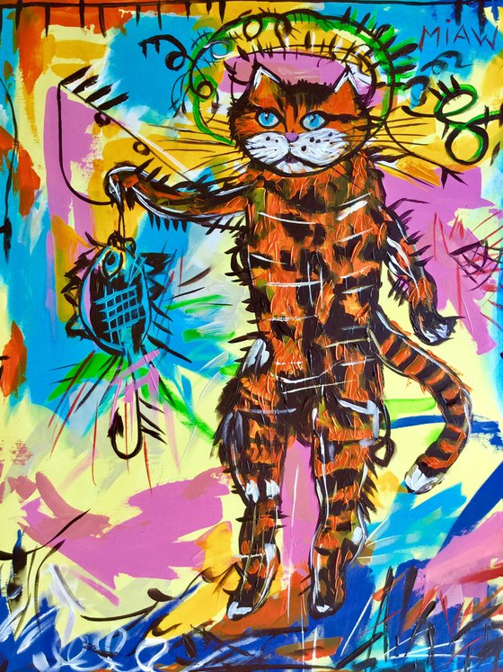 Fishing cat, a version of famous painting by Jean-Michel Basquiat