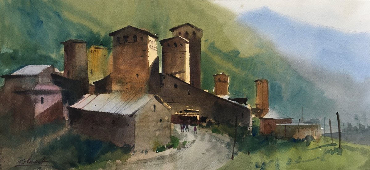 Impressionistic Landscape Watercolour By Andrii Kovalyk, 22 X 11, Mountainous Svaneti. Georgia, Original Artwork