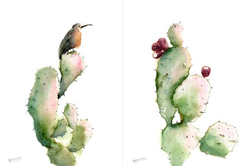 Set Of 2 Cacti paintings by Olga Shefranov (Tchefranov)