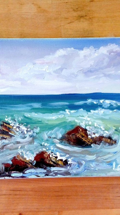 Pretty Little Seascape (2017) Original Oil Painting  | Original Hand-painted Art Small Artist | Mediterranean Europe Impressionistic by Larisa Carli