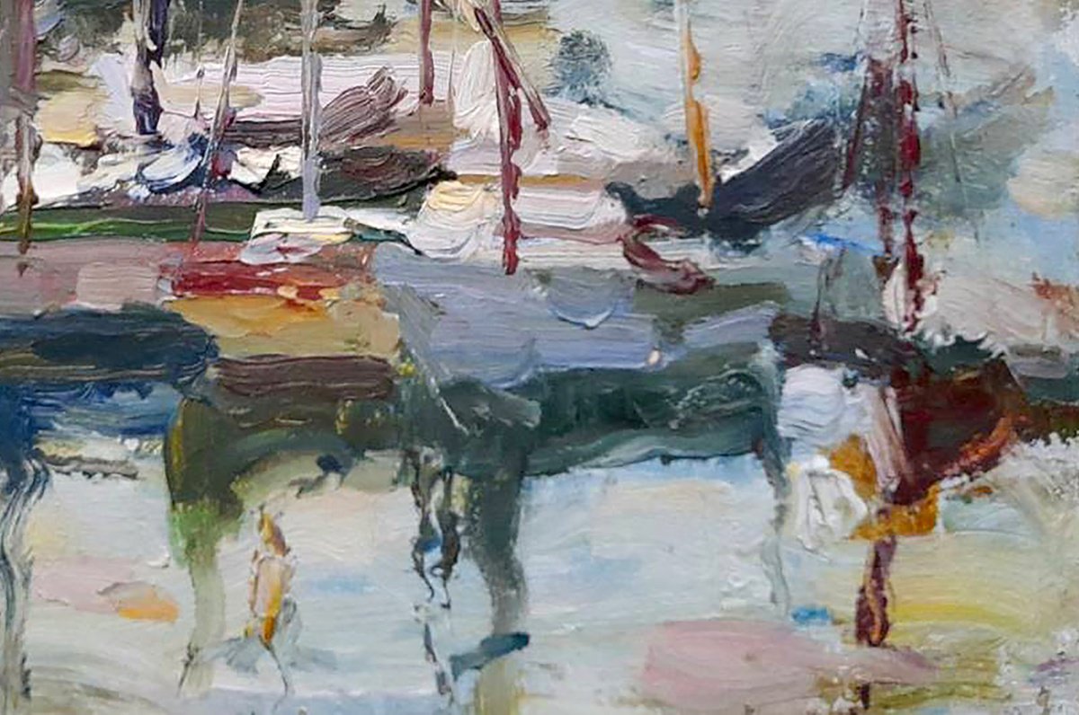 Impressionistic Landscape Oil Painting By Ivan Kovalenko, 12 X 8, Yacht Club, Original Artwork