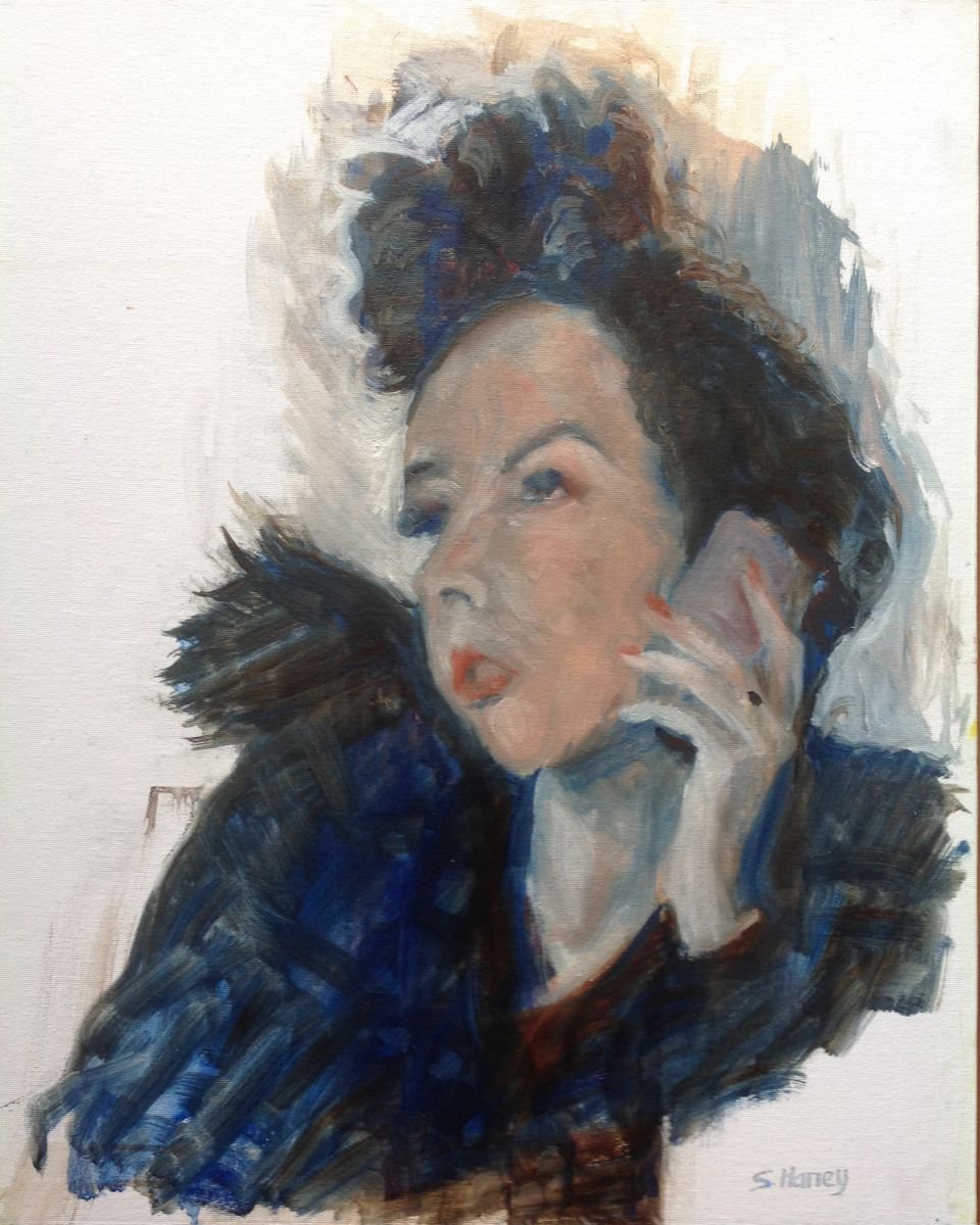 Expressive Portrait Oil Painting By Sandra Haney, 17 X 21", On The Phone, Original Artwork