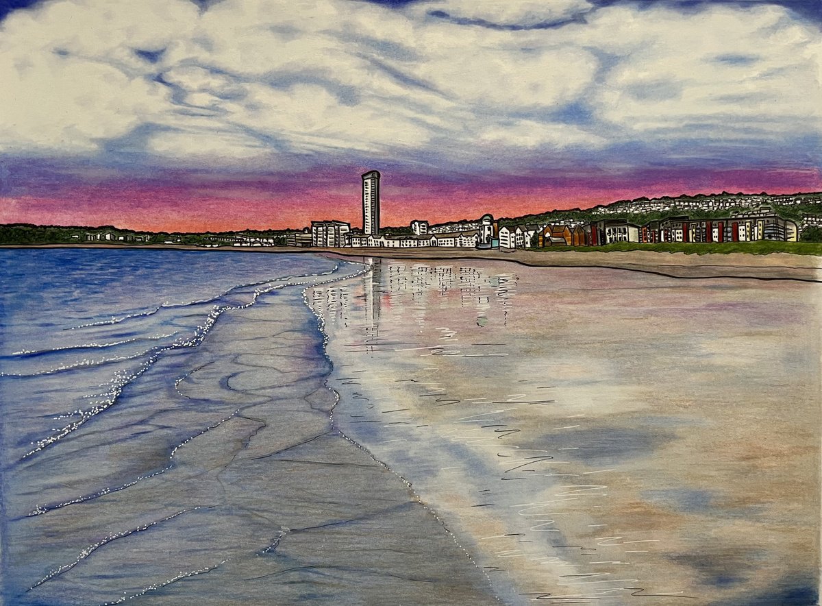 Illustrative Pencil Drawing , Swansea From The Bay By Karen Elaine Evans, 17 X 12, Artwork For Sale On Artfinder