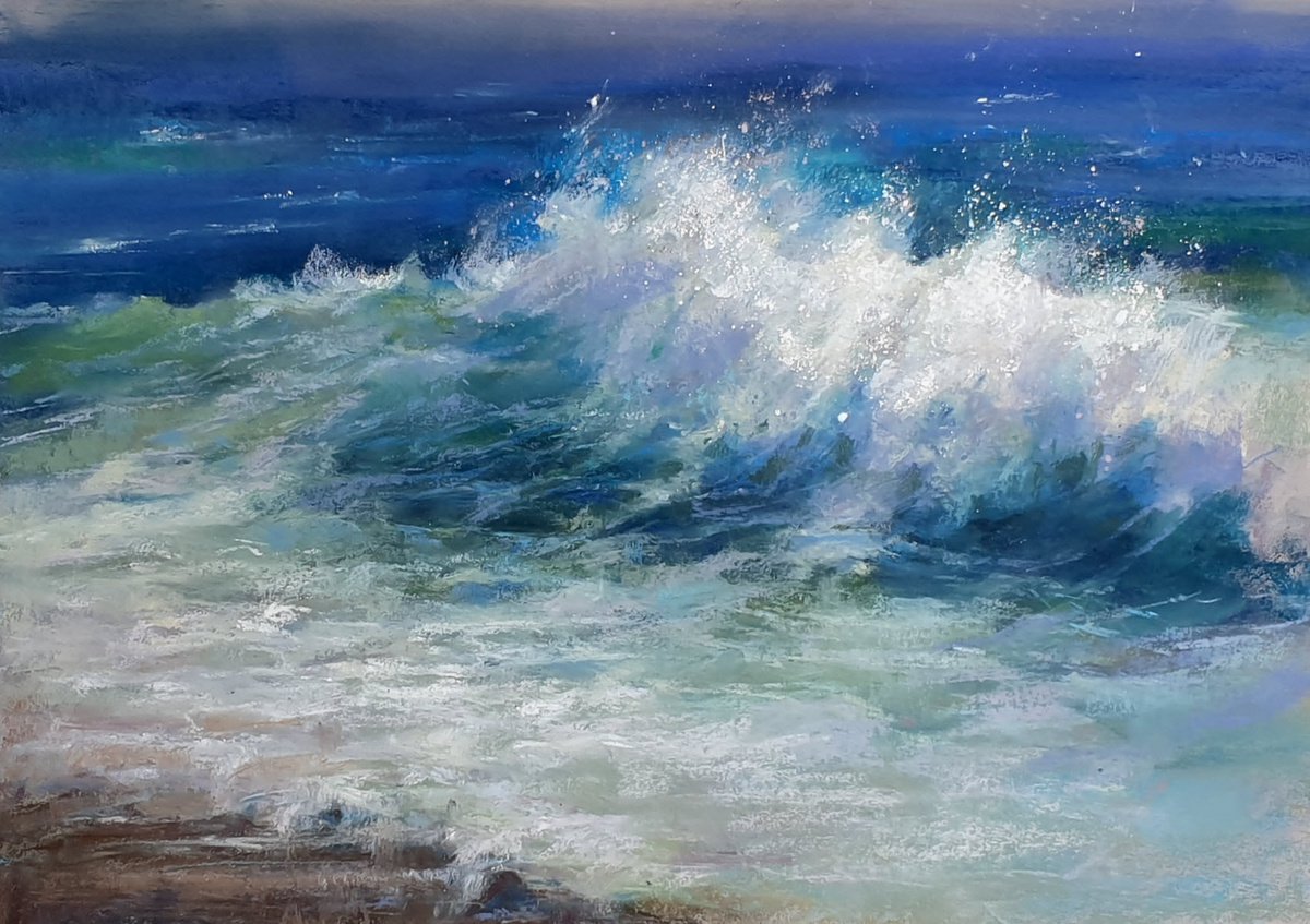 Impressionistic Landscape Pastel Drawing By Elena Genkin, 16 X 12, Beach And Waves, Original Artwork