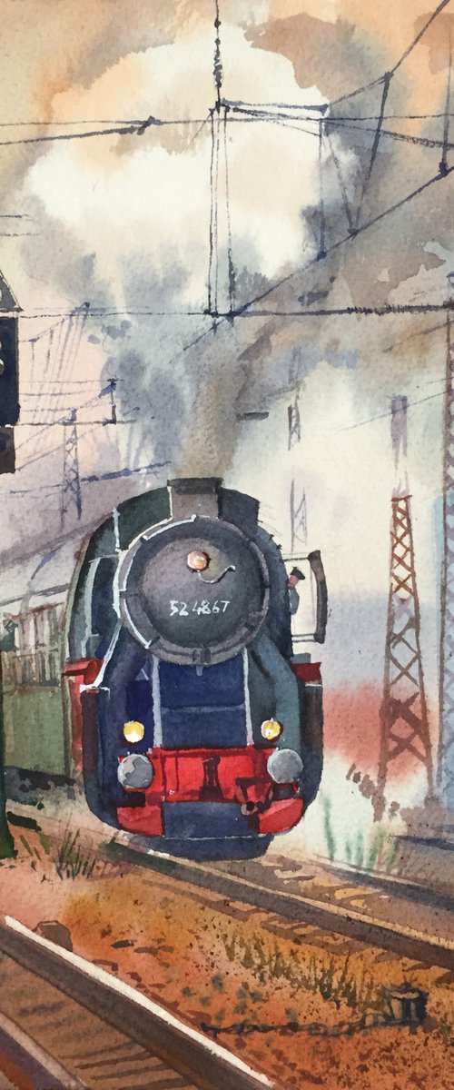 Old train. Locomotive and railway, painting by Natalia Veyner