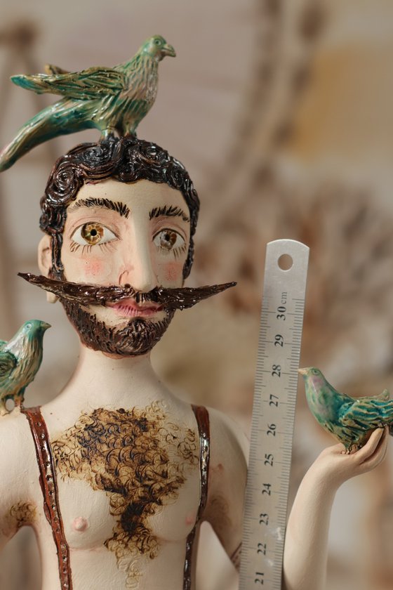 Charming Gentlemen with birds. Vintage Strongman. Wall sculpture