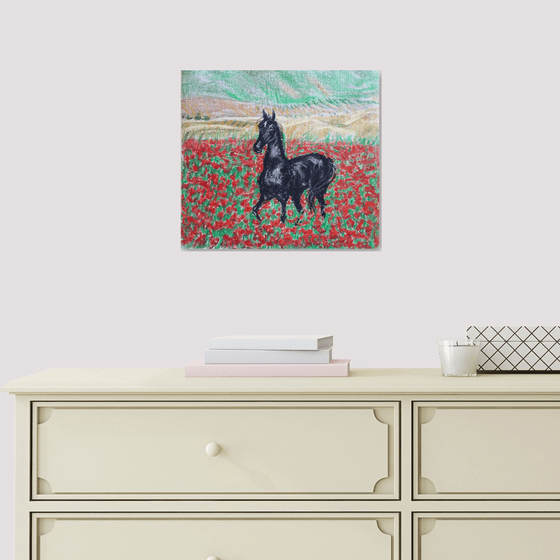 Horse and Poppies... /  ORIGINAL OIL PASTEL DRAWING