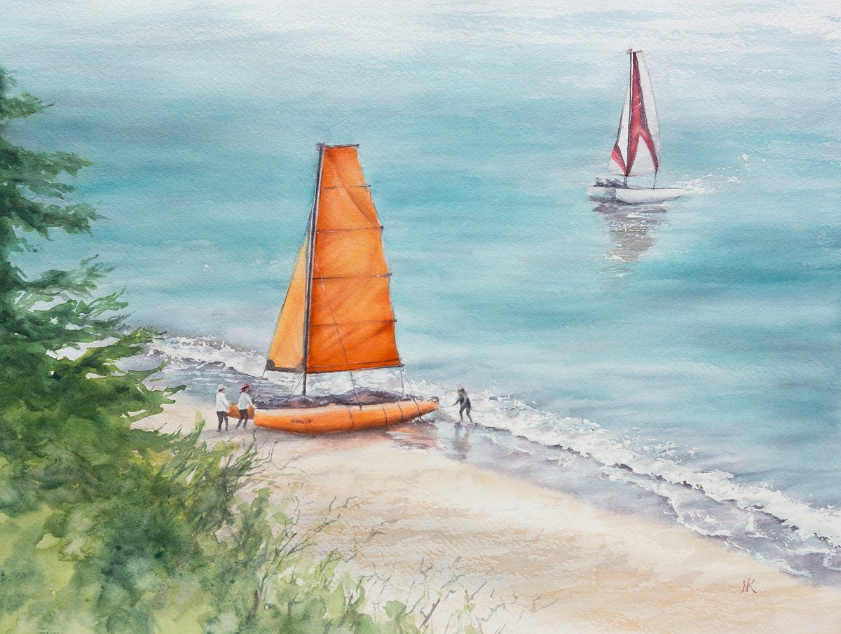 Impressionistic Landscape Watercolour By Kateryna Nazarenko, 16 X 12", Orange Sail, Original Artwork