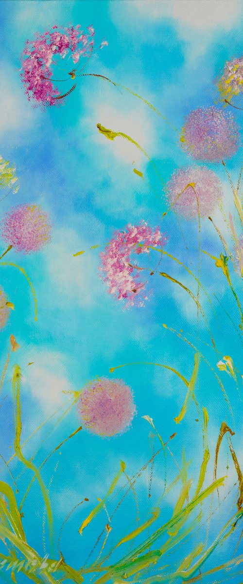 AIR DANCE - Light. Floral abstraction. Pastel colors. Pink dandelions. Blue background. Summer. Air. Colorfull. Flying flowers. by Marina Skromova