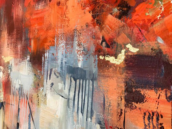 Turn Over - Extra Large Abstract Painting 80" x 40" , Oversize Canvas, Red, Gray, Gold Leaf Soft Colors White Gray Painting