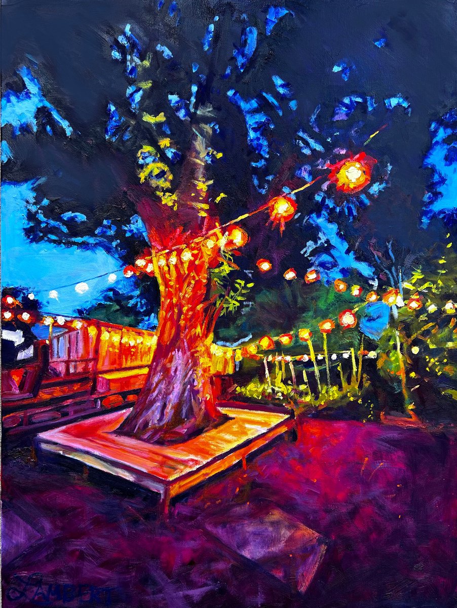 Expressive Cityscapes Oil Painting By Bonnie Lambert, 18 X 24, Enchanted Garden, Original Artwork