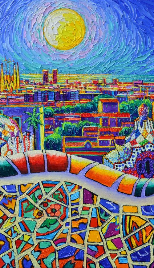COLORFUL BARCELONA PARK GUELL MAGIC NIGHT BY MOON abstract city nightscape textural impasto palette knife oil painting by Ana Maria Edulescu by ANA MARIA EDULESCU
