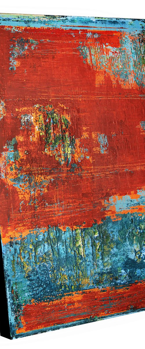 RED WALL - 120 X 80 CMS - ABSTRACT ACRYLIC PAINTING TEXTURED * RED * TURQUOISE by Inez Froehlich