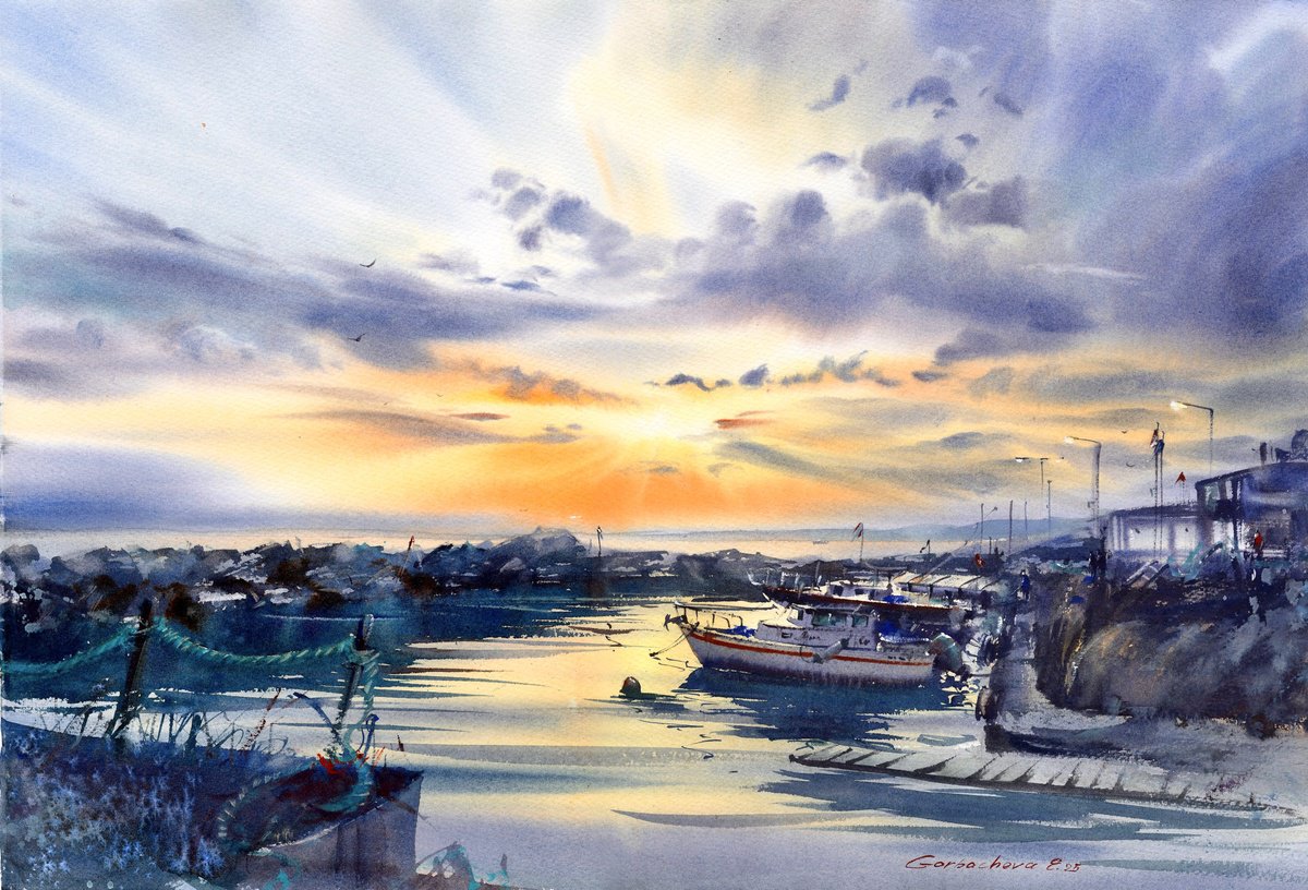 Impressionistic Watercolour , Harbor Of Silent Dreams By Eugenia Gorbacheva, 22 X 15, Artwork For Sale On Artfinder