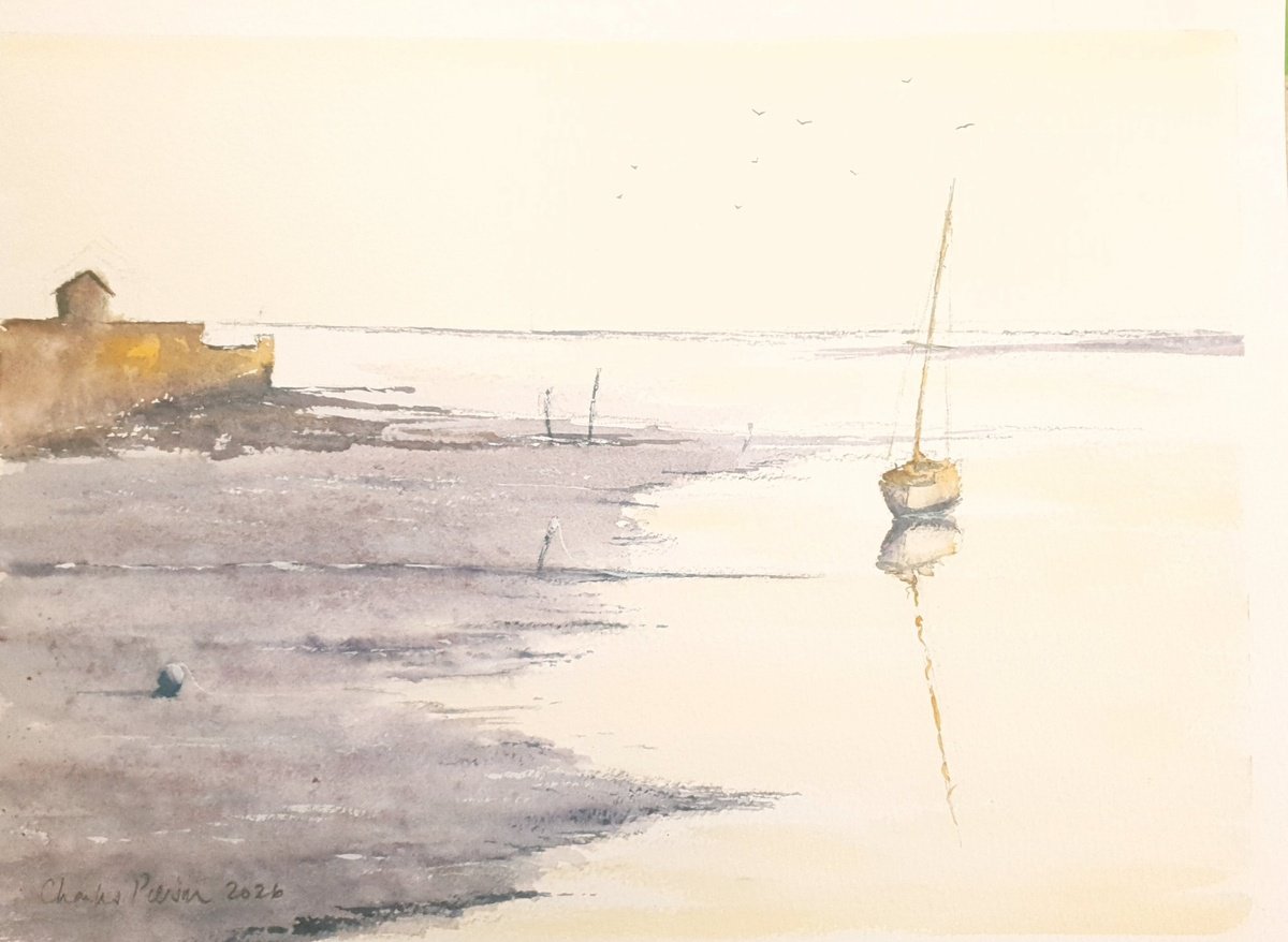 Impressionistic Watercolour , Lone Yacht At Low Tide By Charles Pierson, 15 X 11, Artwork For Sale On Artfinder