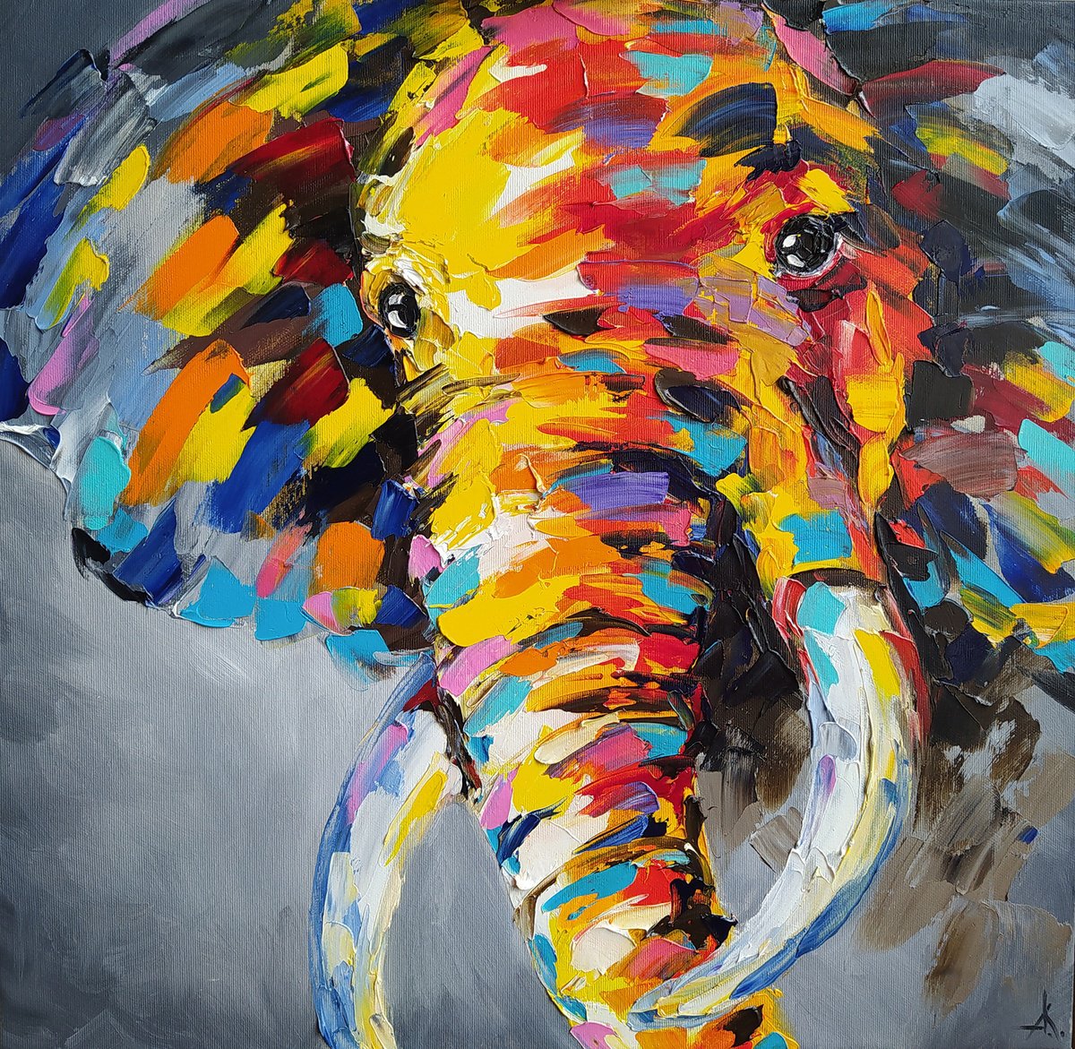 Impressionistic Animal Oil Painting By Anastasia Kozorez, 20 X 20, Elephant In Africa, Original Artwork