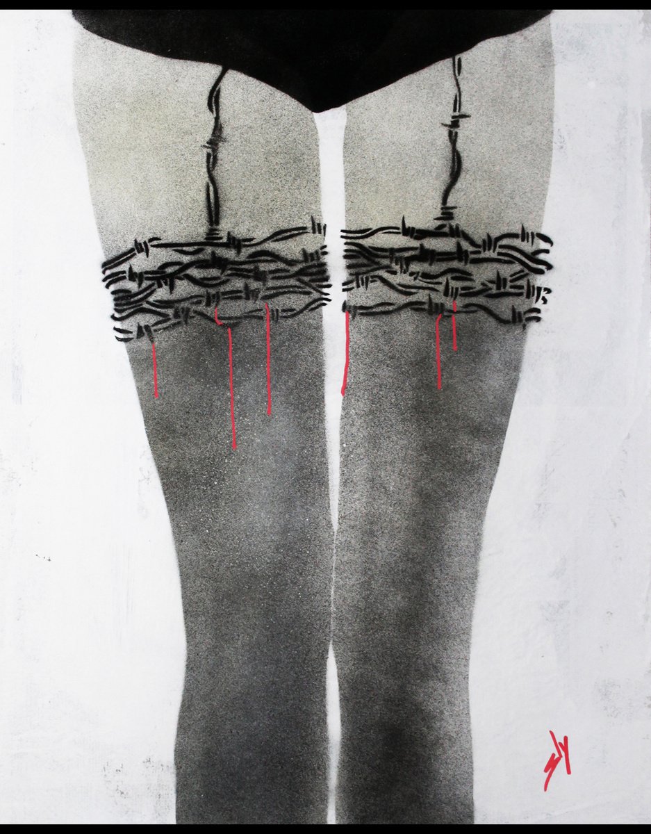 Urban And Pop Abstract Painting By Juan Sly, 22 X 31", Barbed Wire Stockings (Dt)., Original Artwork