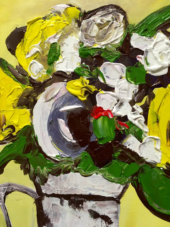 Abstract bouquet flowers, expressive still life on red tablecloth on light yellow #12