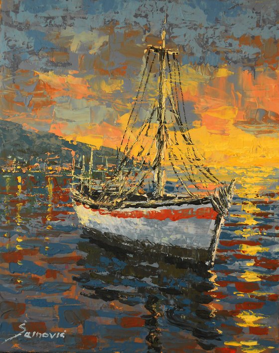 THE FISHING BOAT, palette knife oil on canvas, seascape  IMPASTO, modern impressionism