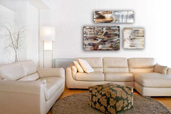 "Burnt And Beautiful" - Save As A Series - Original Large PMS Abstract Triptych Acrylic Paintings On Canvas and Wood - 56" x 35.5"