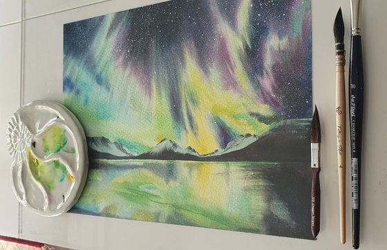 Winter glow: watercolor lights over the lake