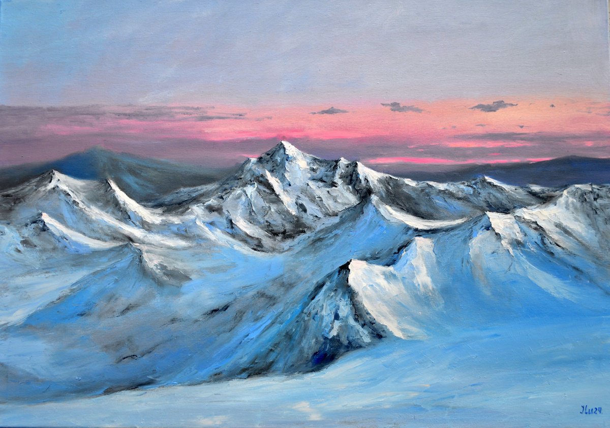 Expressive Landscape Oil Painting By Elena Lukina, 39 X 28, Morning Light On Snowy Peaks, Original Artwork