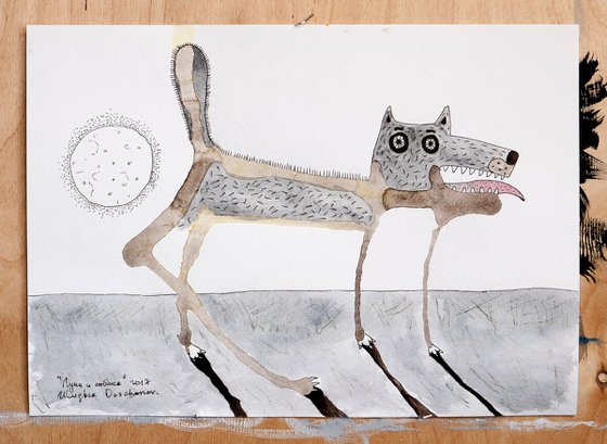 Dog and moon ink painting on paper