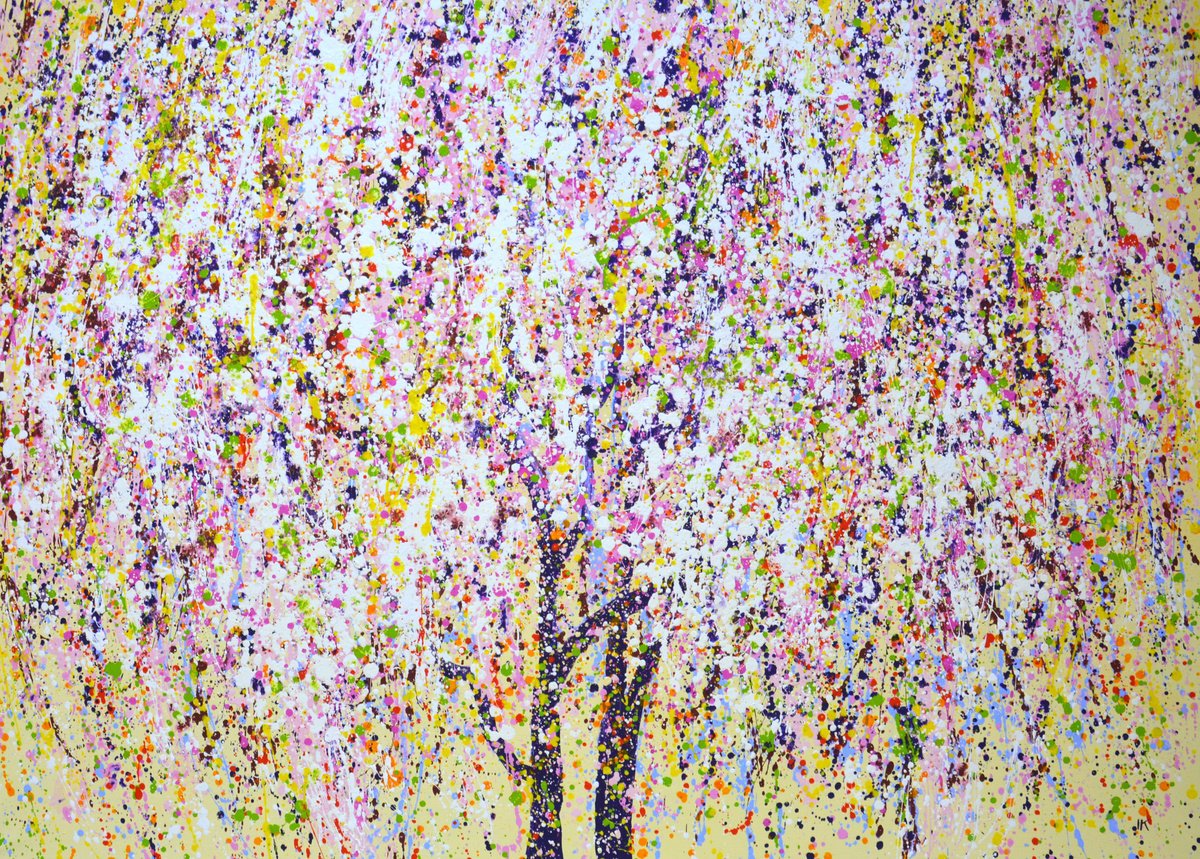 Expressive Botanical Acrylic Painting By Iryna Kastsova, 55 X 39, Blooming Tree., Original Artwork
