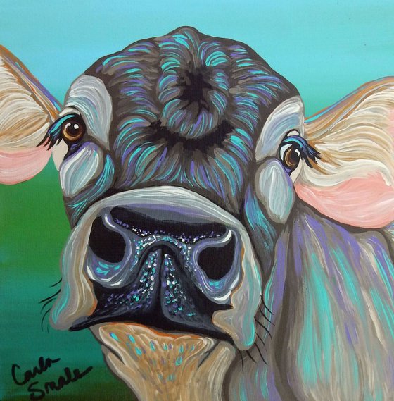 Rainbow Brown Cow Original Art Painting-8 x 8 Inches Deep Set Stretched Canvas-Carla Smale