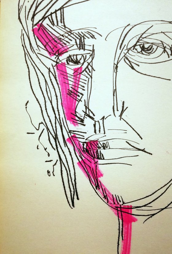 Portrait with Pink Flower, Drawing by ink on papre, 21x29cmm