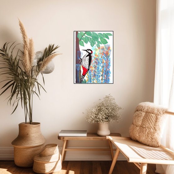 Woodpecker and Flowers