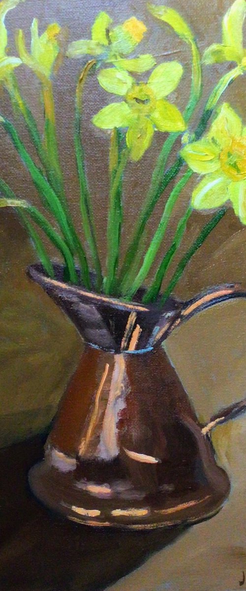 Daffodills in an antique copper jug. An original painting. by Julian Lovegrove Art