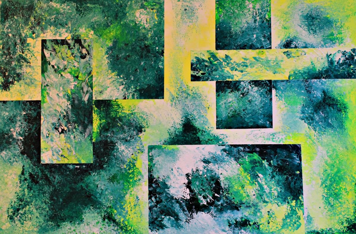 Geometric Abstract Acrylic Painting By Shushanik Karapetyan, 36 X 24", Fields Of Green, Original Artwork