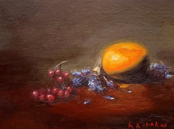 Still life with orange and lavender