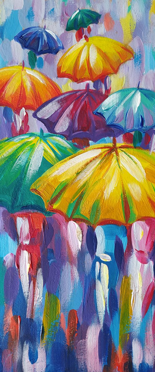 Rain in the city - umbrella art, people in the rain, acrylic painting, people art, rain, umbrella, impressionism, gift by Anastasia Kozorez