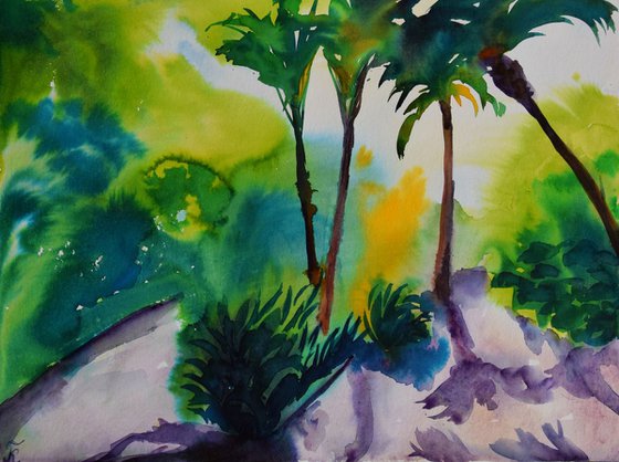 Abstract tropical trees original watercolor painting Spanish green forest