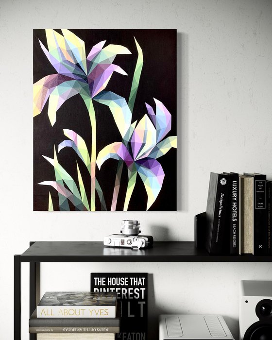 LILAC IRISES ON BLACK