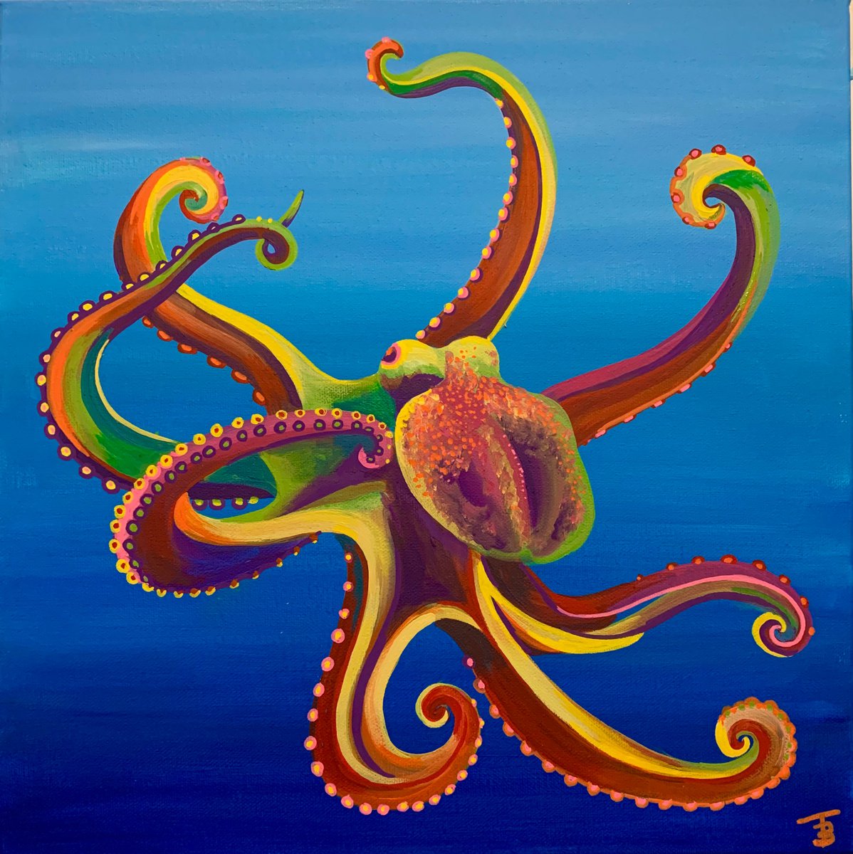 Expressive Animal Acrylic Painting By Tiffany Budd, 16 X 16", Ollie The Rainbow Octopus, Original Artwork