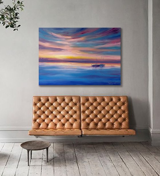 "Calm". 100x70cm. Sea. Ships at sea. Oil painting. Seascape