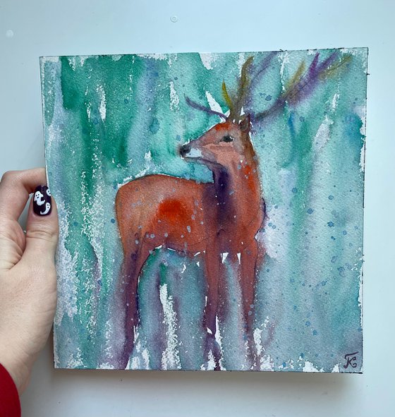 Christmas Deer Watercolor Painting, Snowy Original Artwork, Winter Wall Art, Cozy Hygge Home Decor, Christmas Gifts, Nursery Decor