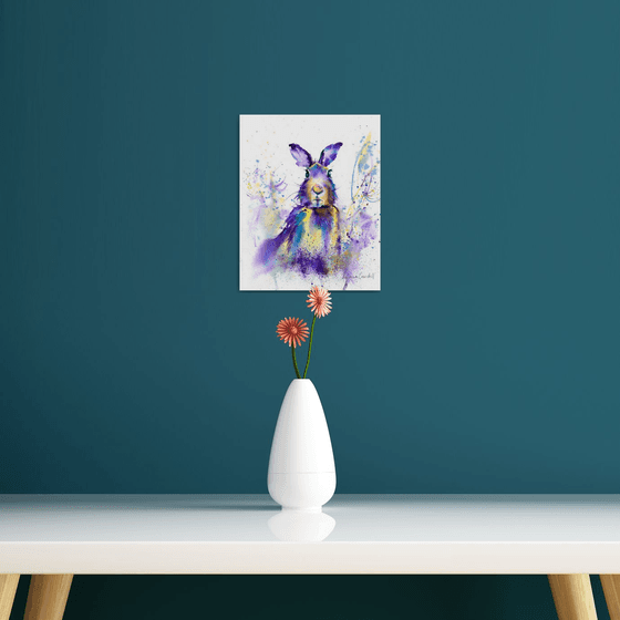 Hare painting, March Hare, original watercolour painting, Wildlife Wall art, Purple, Whimsical Hare painting