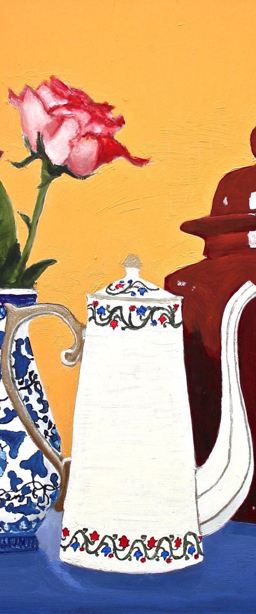 Two Roses, White Teapot, Maroon Ginger Jar by Gray Jacobik