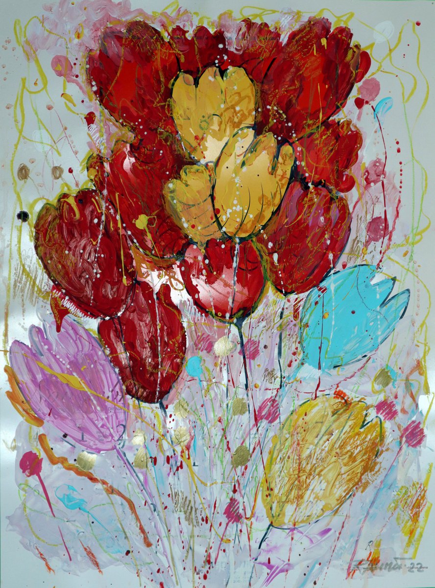 Impressionistic Botanical Acrylic Painting By Rakhmet Redzhepov, 16 X 21", Fantasy With Flowers 2., Original Artwork