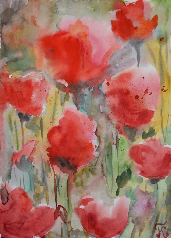 Original watercolor painting Flowers poppies