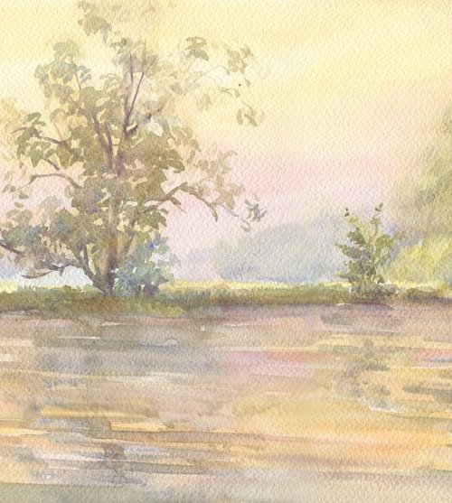 Pond at dawn / Original picture Summer landscape Morning painting Plein air watercolour by Olha Malko