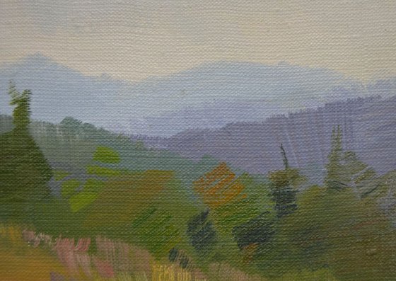 Landscape painting titled "Mountains smoking"