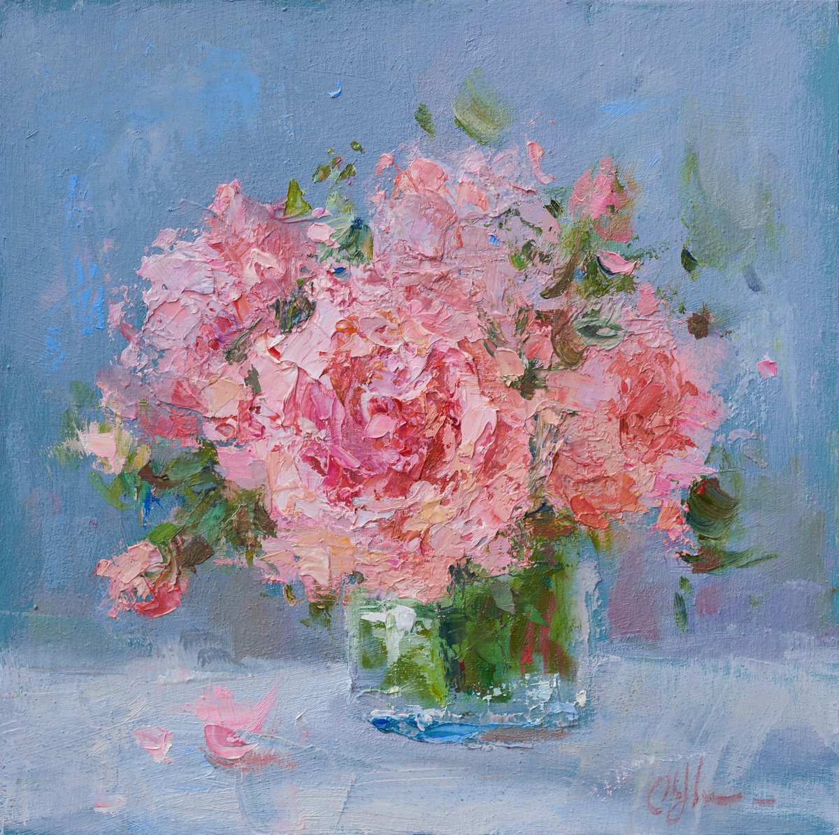 Pink Peonies in a Glass Vase by Oksana Johnson