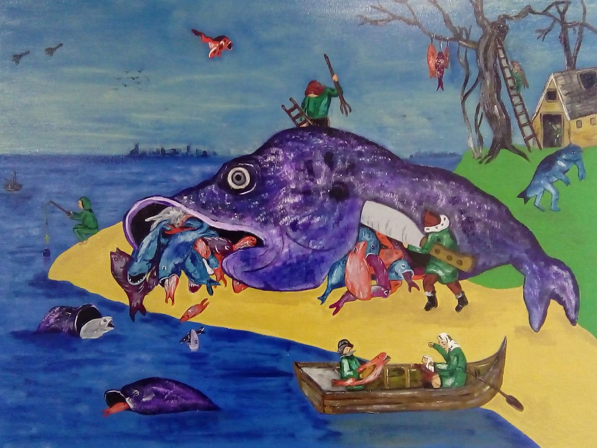 Naive Animal Oil Painting By Corinne Hamer, 32 X 24, Big Fish Eat Little Fish, Original Artwork