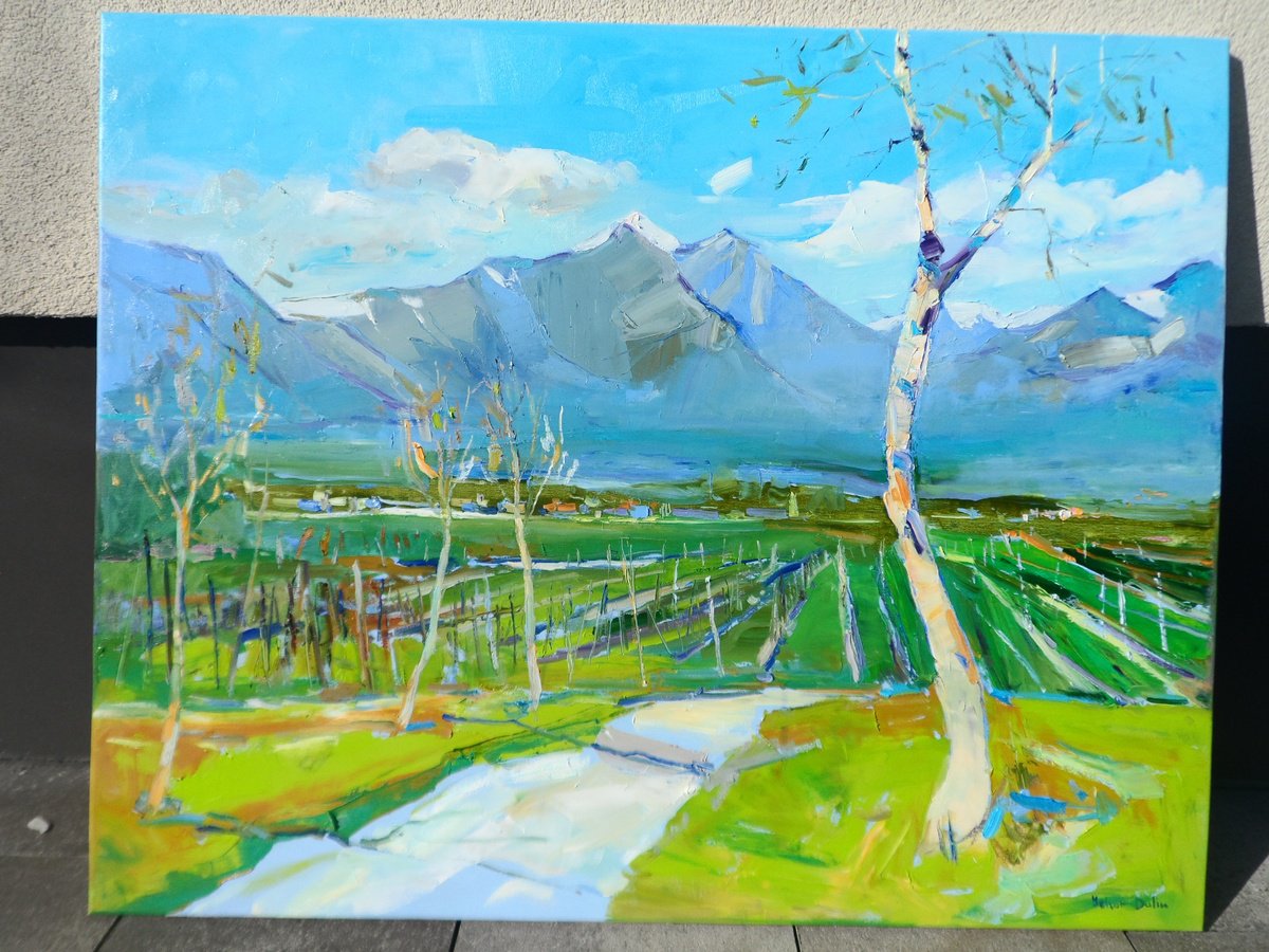 Impressionistic Landscape Oil Painting By Yehor Dulin, 39 X 31", Vineyards In The Mountains, Original Artwork